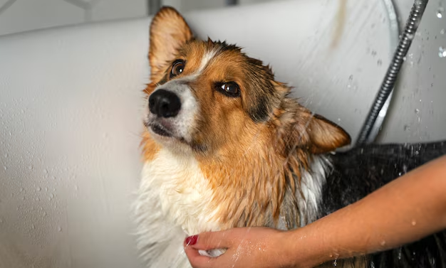 Dog taking a bath