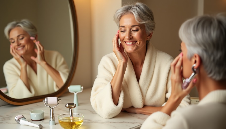 Older woman with facial massage tools