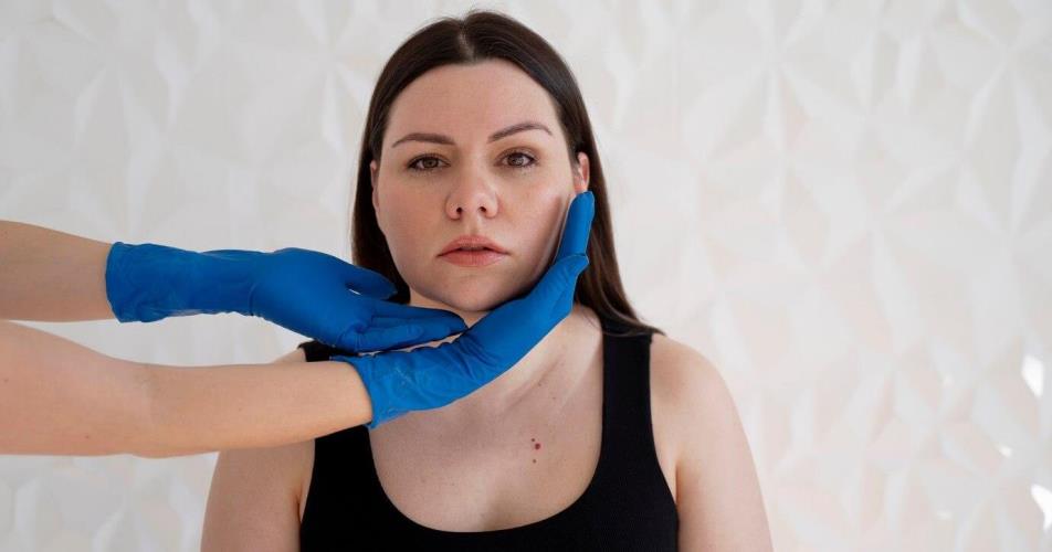 Hands with gloves touching woman's face