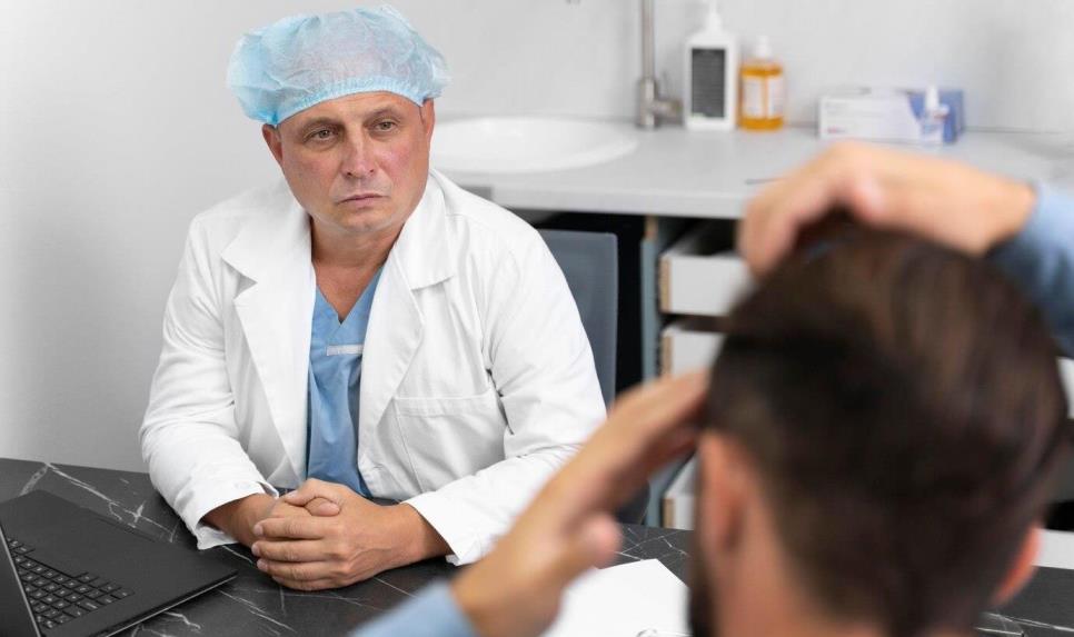 Man at hair growth treatment consultation with doctor